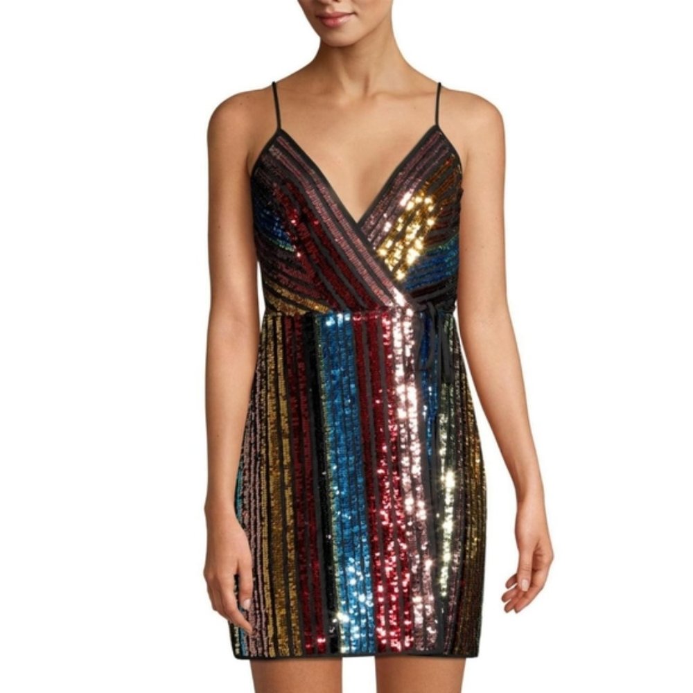 BCBGMaxazria Sequin Mini Wrap Dress, Size 8, Rainbow Multicolor.